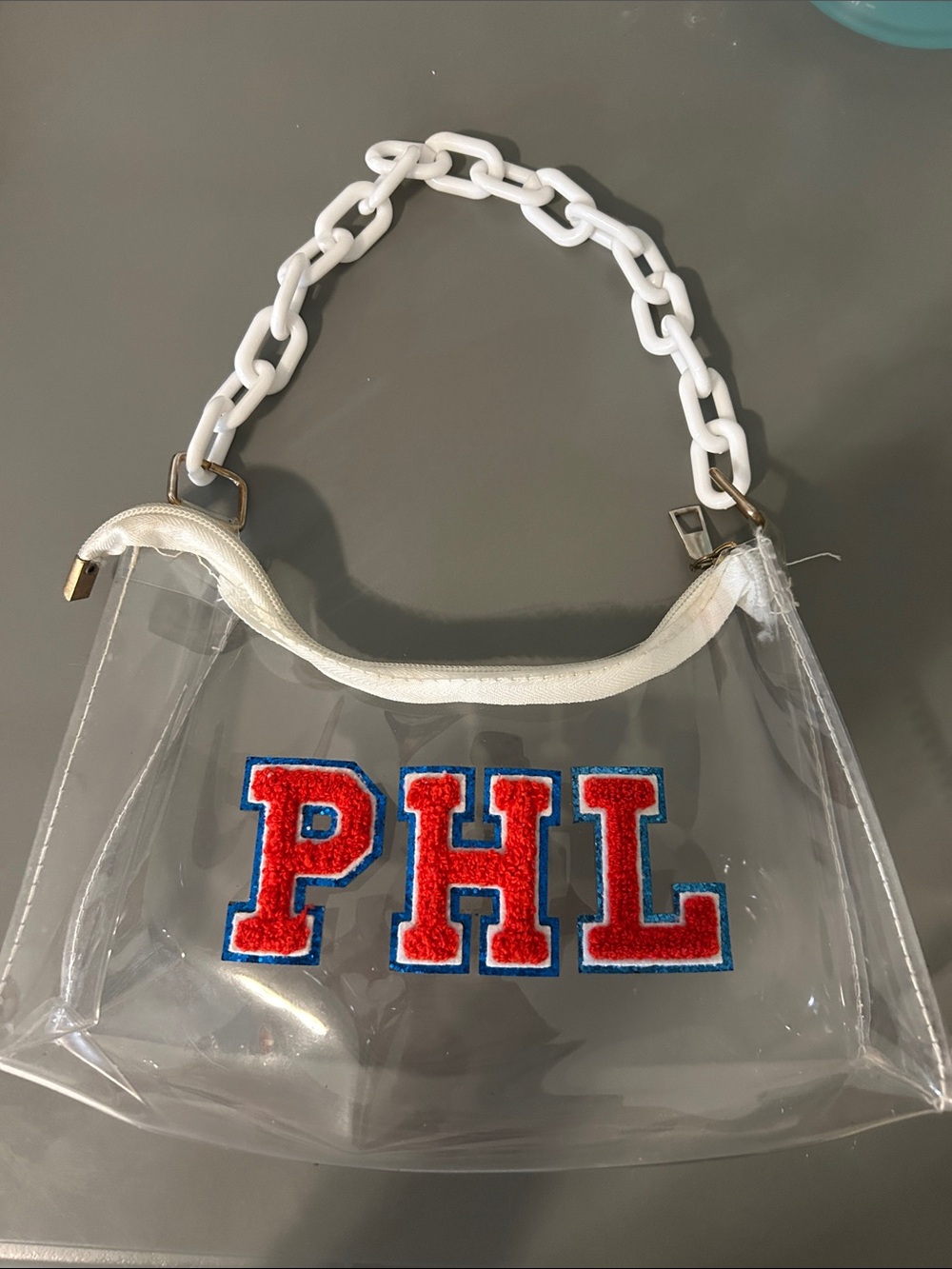 Phillies Clear Bag with White Chain Handle and Red PHL Patch